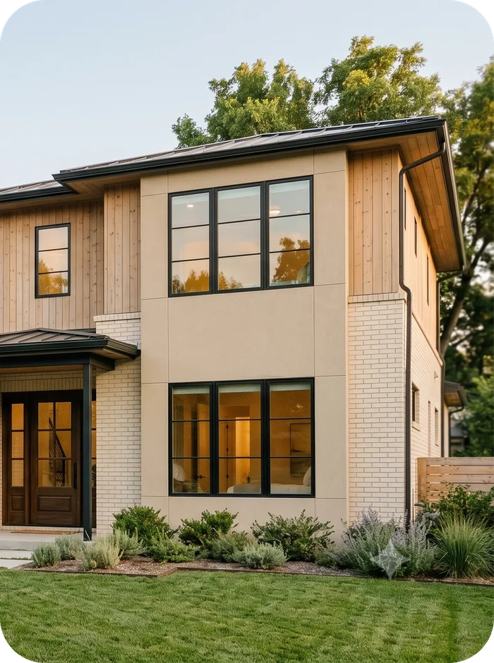 A modern two-storey home at dusk, lit from within, with a landscaped front garden